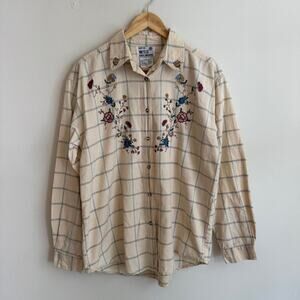 90's Vintage Cotton Cream Plaid Floral Embroidered Button Up Size L